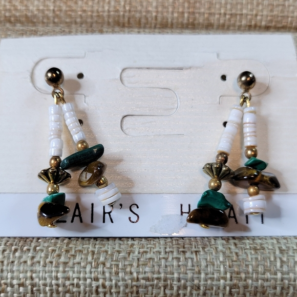 Vintage Blair's Hawaii Dangle Earrings Shell, Tiger Eye, Malachite NWT Post Back - Picture 4 of 4